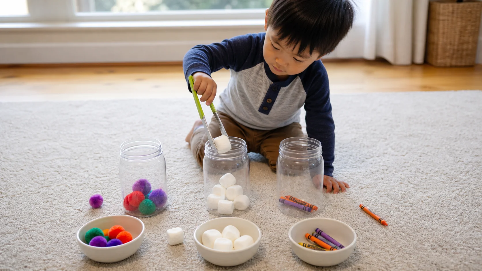 A child uses tongs to carry small items from bowls to matching jars while a grown-up sits nearby.