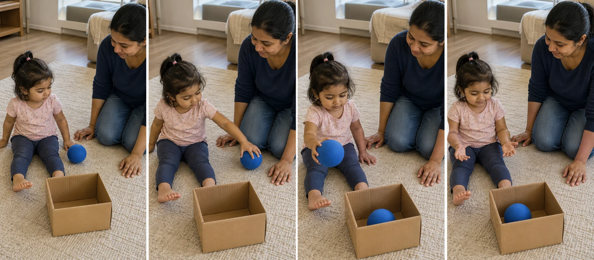 Three-panel sequence showing the ball beside the child, the child reaching from a seated position, and the ball landing in the box.