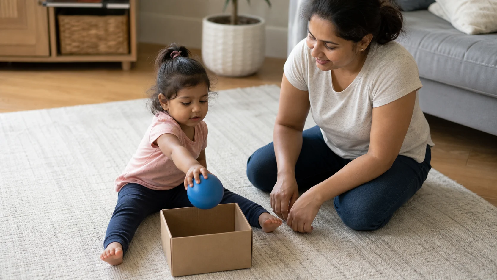 Toddler sitting on the floor beside an adult, reaching for a large ball and dropping it into a nearby box.