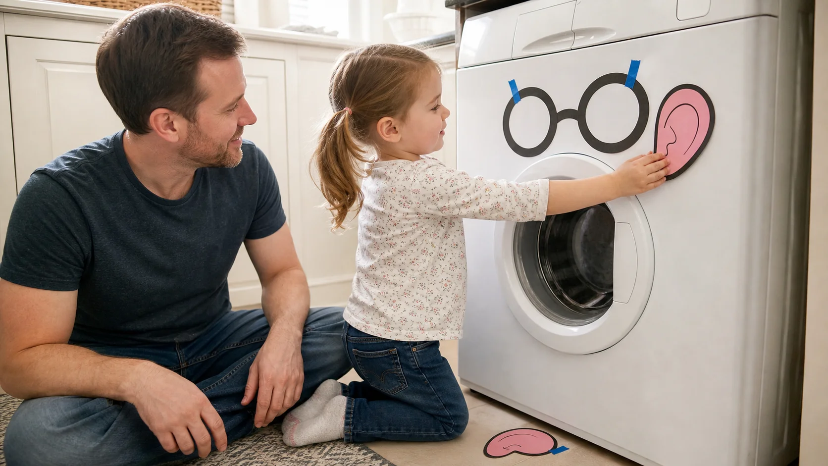 Child beside an adult placing paper glasses on a switched-off washing machine during quiet pretend play.