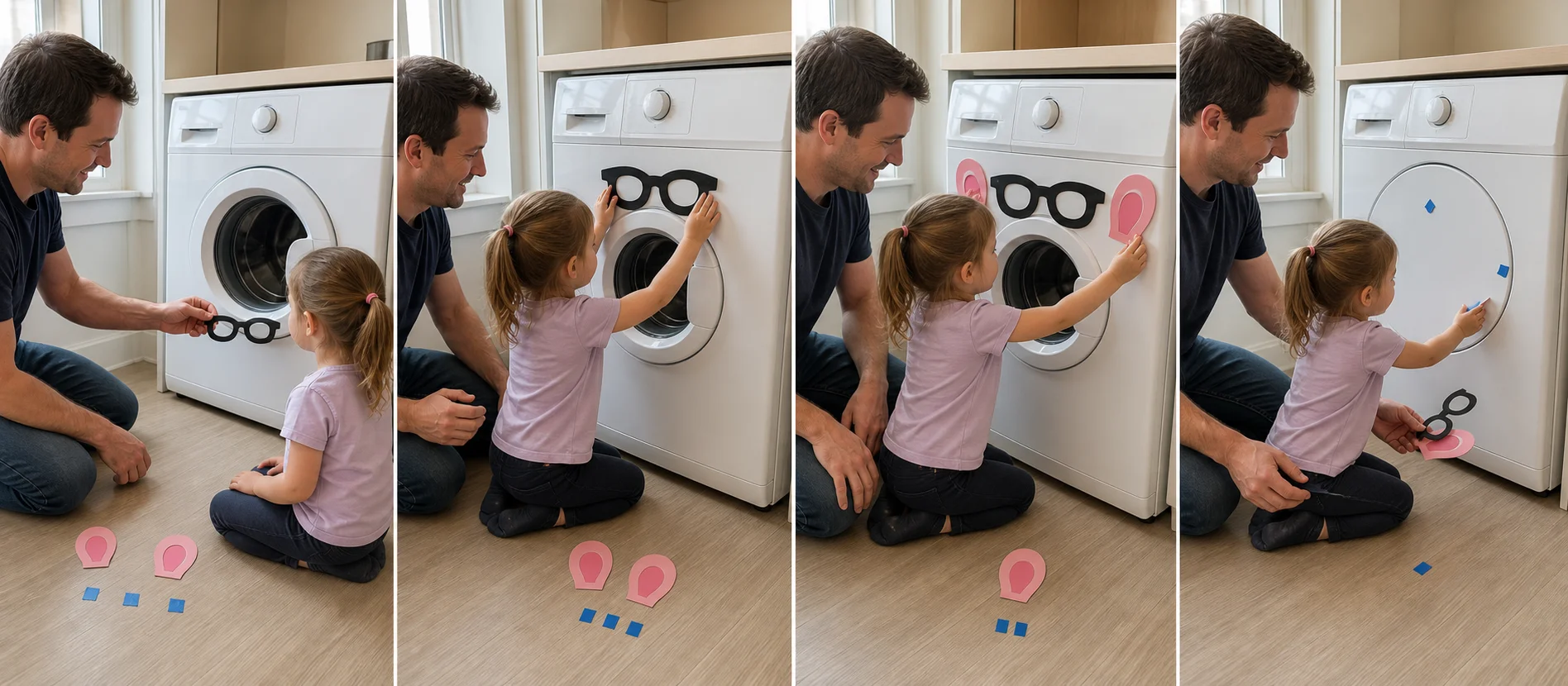 Three-panel sequence showing paper face pieces beside an off appliance, a child pressing on glasses, and the pieces being peeled off to finish.