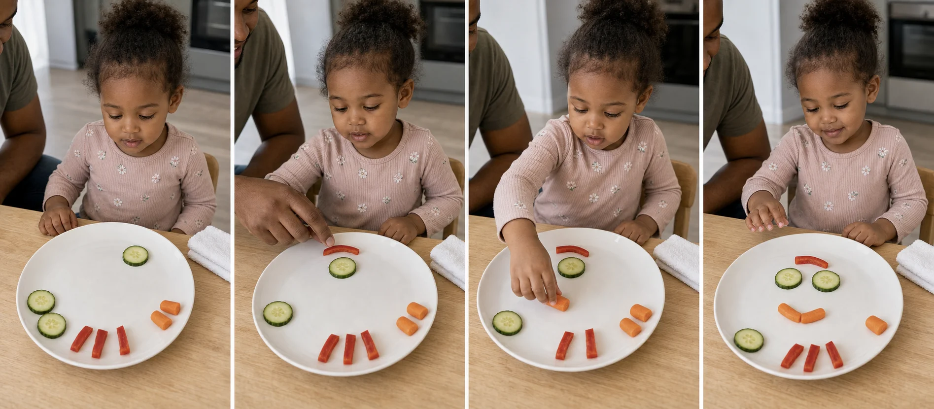 Four panels show vegetable pieces set around a plate, a grown-up making one starter feature, a child adding face parts, and the plate being cleared for another round.