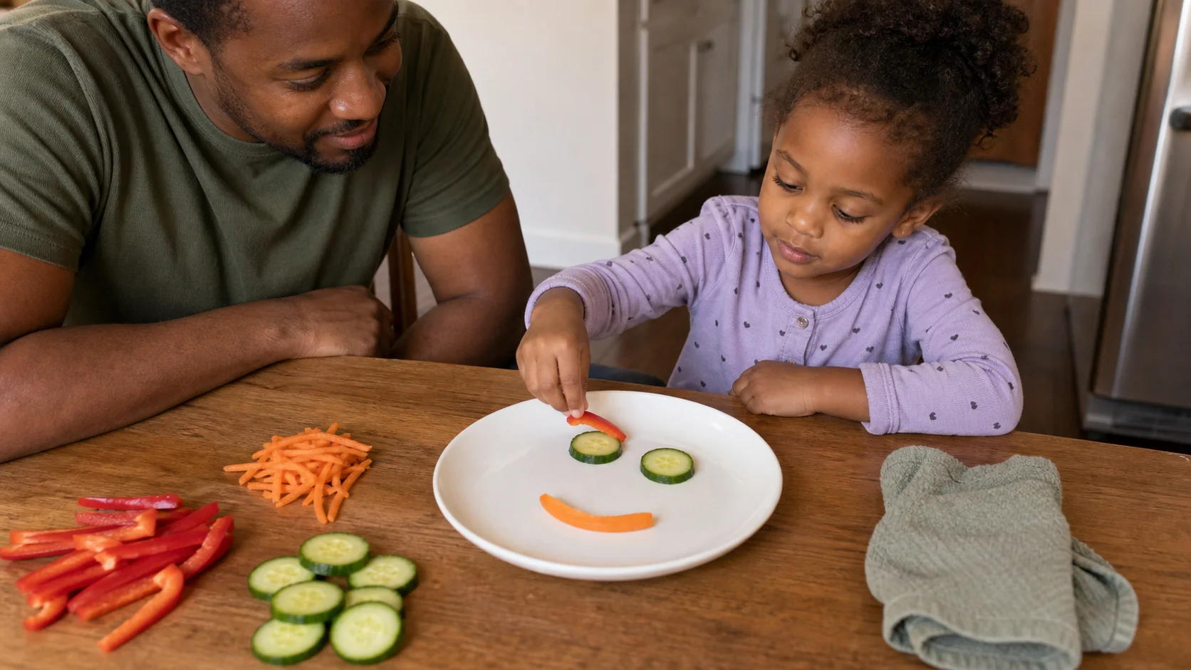 A child places cucumber and pepper pieces onto a plate to make a silly face while a grown-up sits nearby.