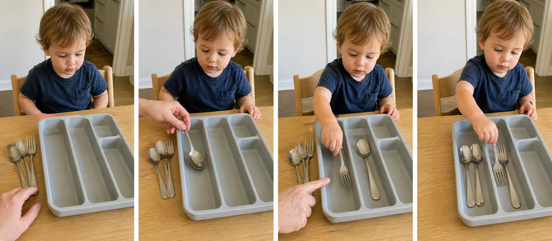 Four panels showing a silverware tray on the table, a grown-up modeling a spoon and fork, a toddler sorting one utensil at a time, and the last piece landing in the tray.