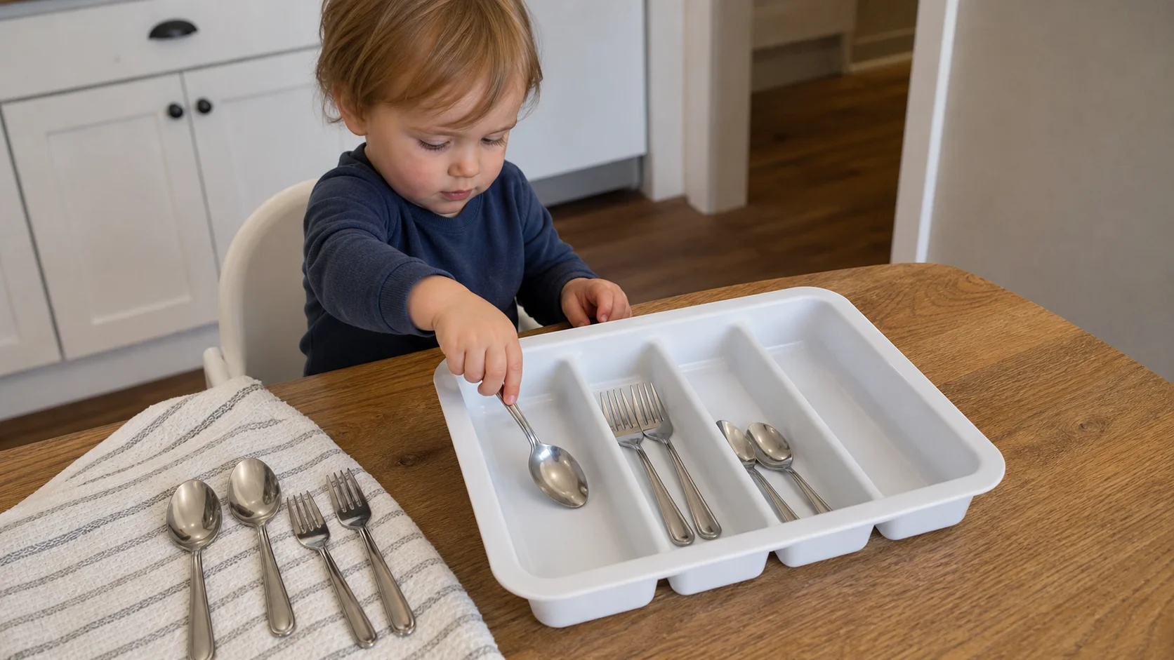 A toddler seated at a table placing a clean spoon into a silverware tray while a grown-up keeps a few forks and spoons nearby.
