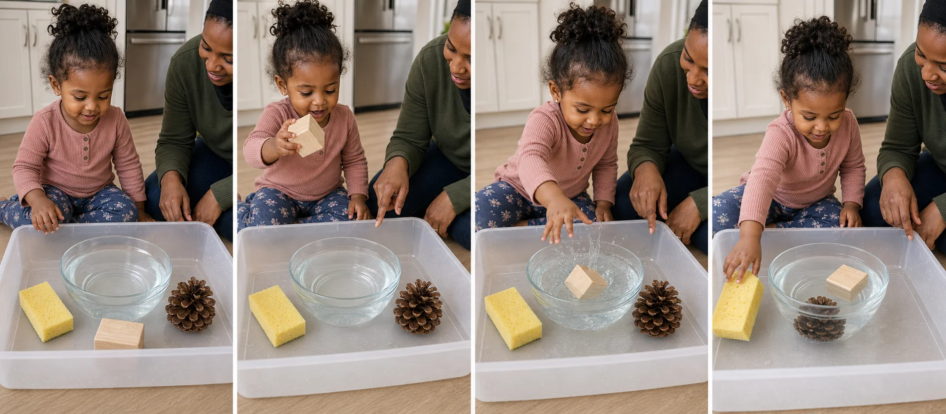 A toddler chooses one household item, drops it into a bowl of water, watches the result, and reaches for the next test item.