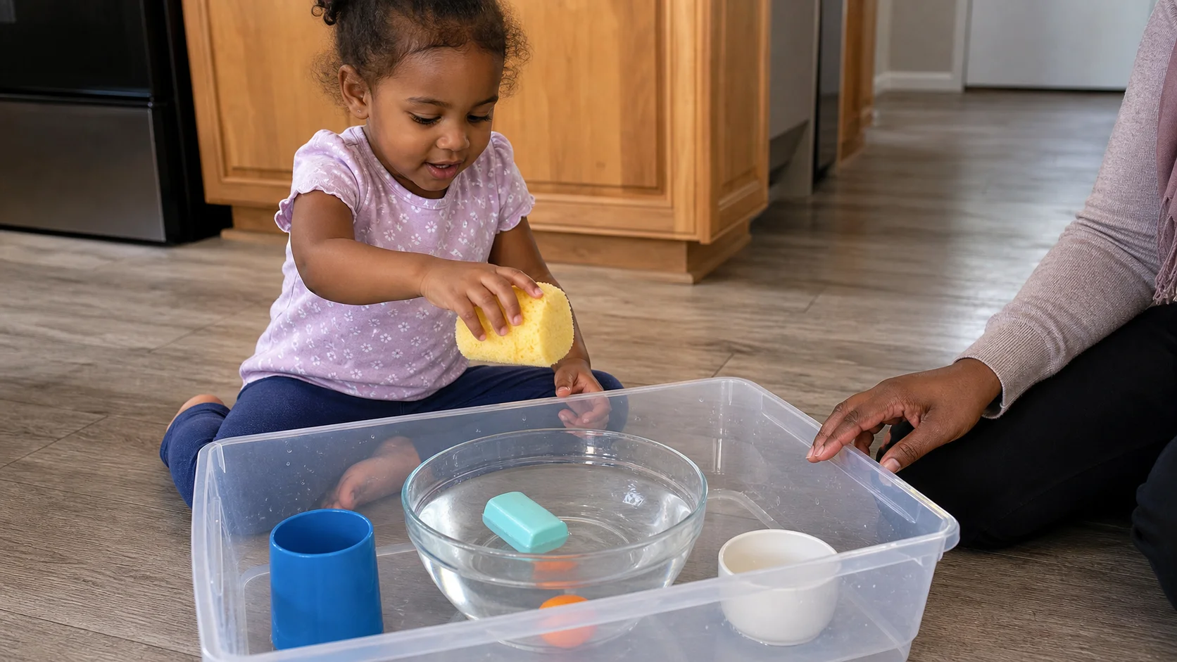 A toddler drops a household item into a bowl of water inside a storage bin while testing sink or float.