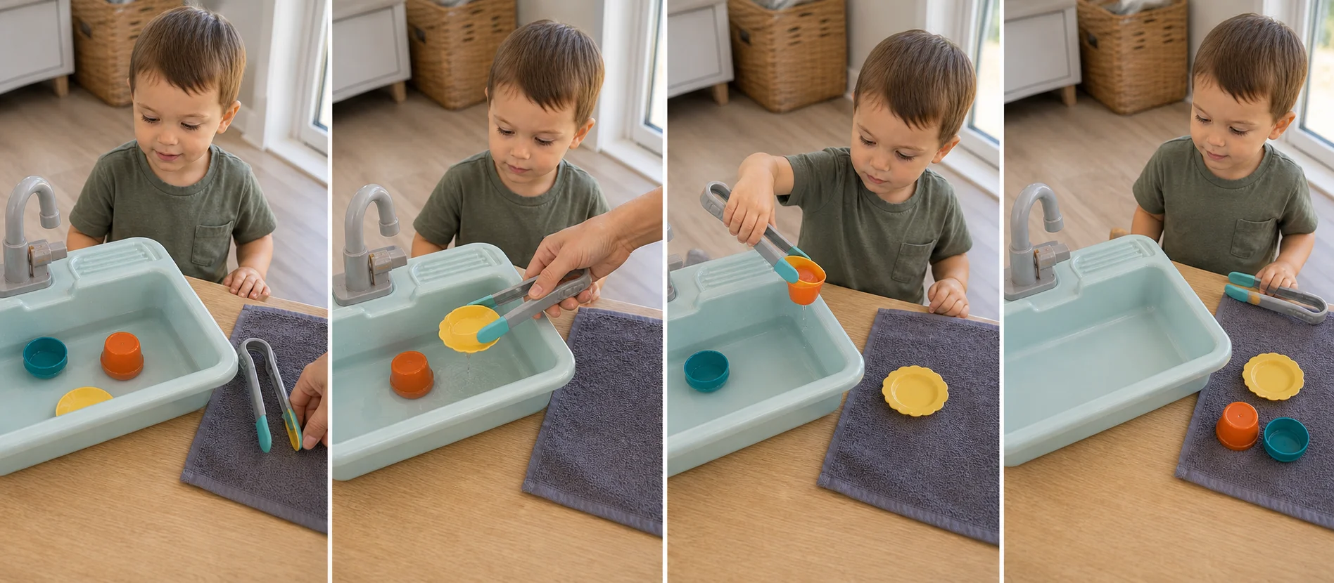 Multi-panel sequence of a toy sink filled with a few items, a grown-up modeling one tong rescue, and a toddler lifting an item out to the dry spot