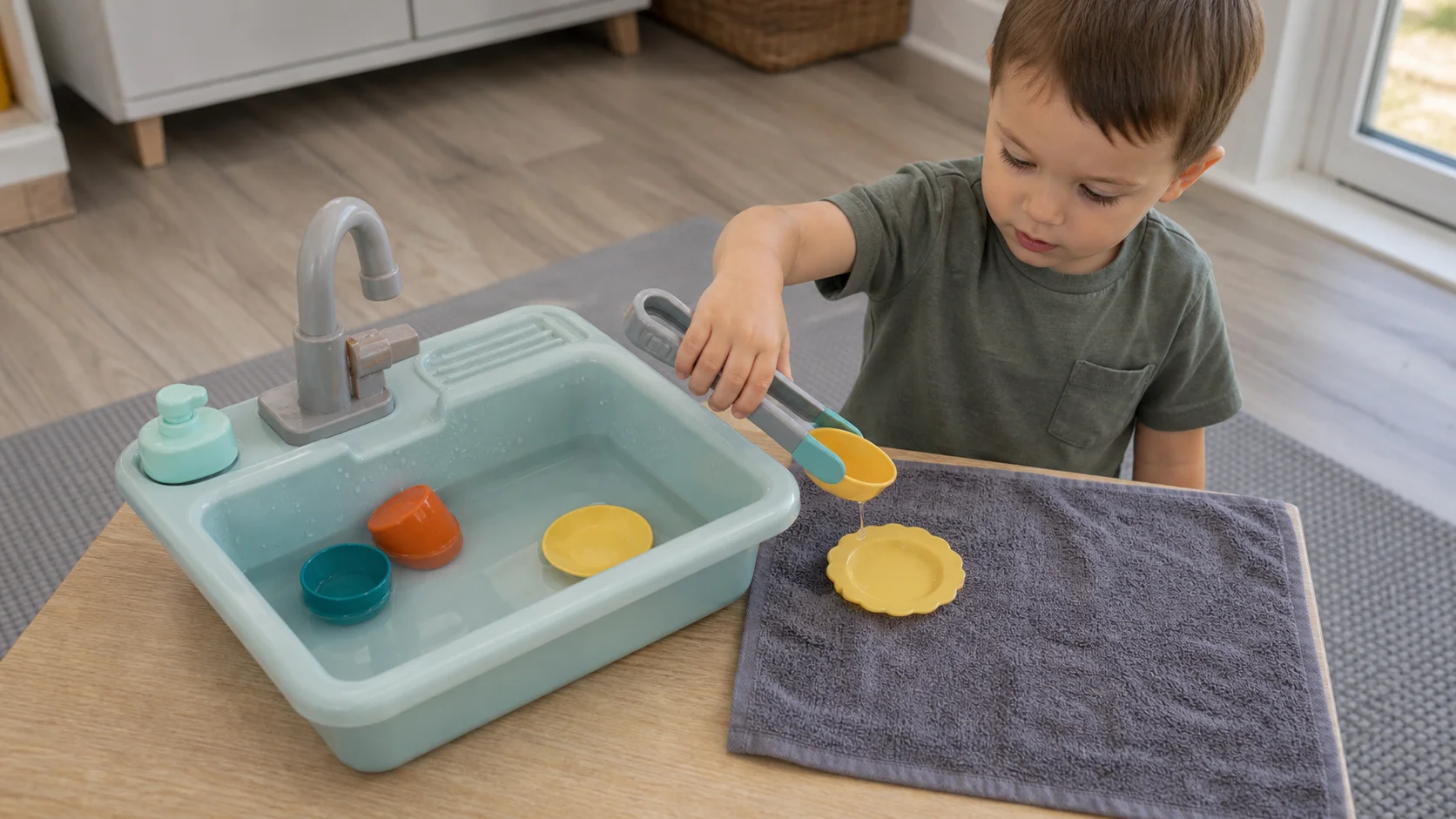 Toddler using child-safe tongs to lift a toy dish out of a small toy sink while a towel sits beside the sink for rescued items