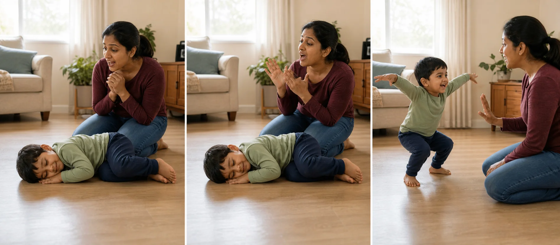 A three-step toddler game showing a child pretending to sleep, listening to a grown-up sing, and waking up as the named animal.