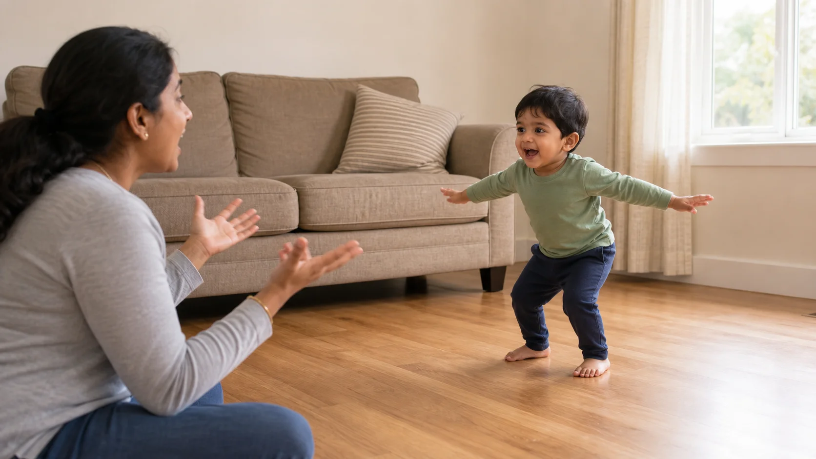 A toddler lies on the floor pretending to sleep, then pops up smiling like a frog while a grown-up sings nearby.