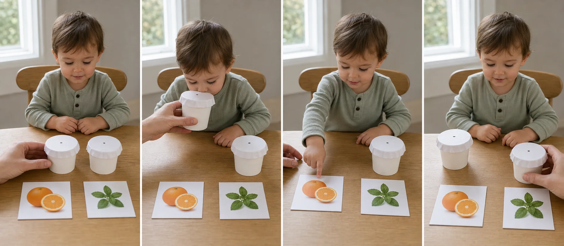 Three-panel toddler activity showing a child sniffing a covered cup, choosing a picture card, and repeating with another smell