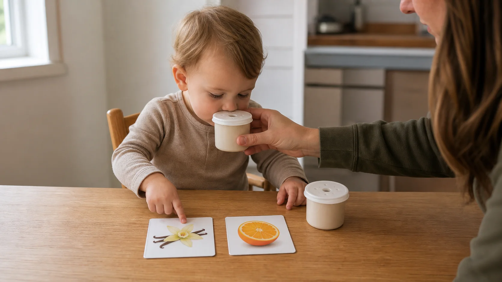 Toddler sitting at a table with two covered smell cups and matching picture cards during a calm sniff-and-match activity