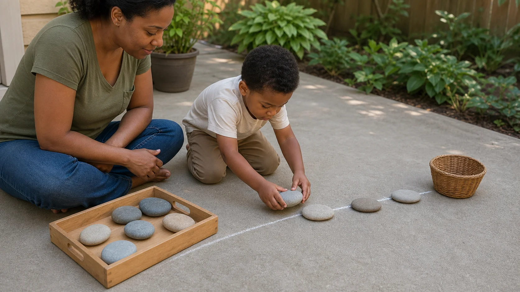 Toddler placing a large smooth stone on a short chalk trail beside a shallow tray of stones outdoors.