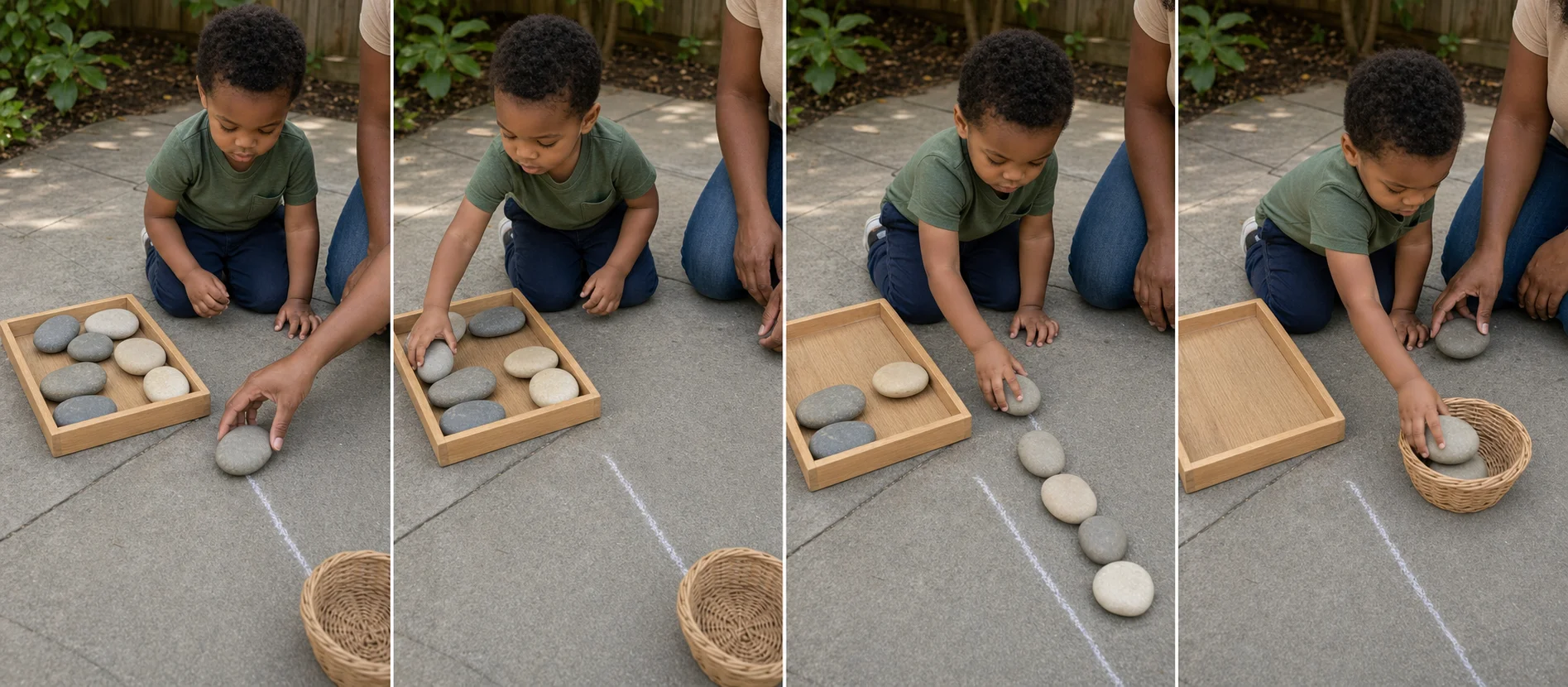 Three-panel sequence showing a stone chosen from a tray, placed beside the last stone on a trail, and returned to a basket.