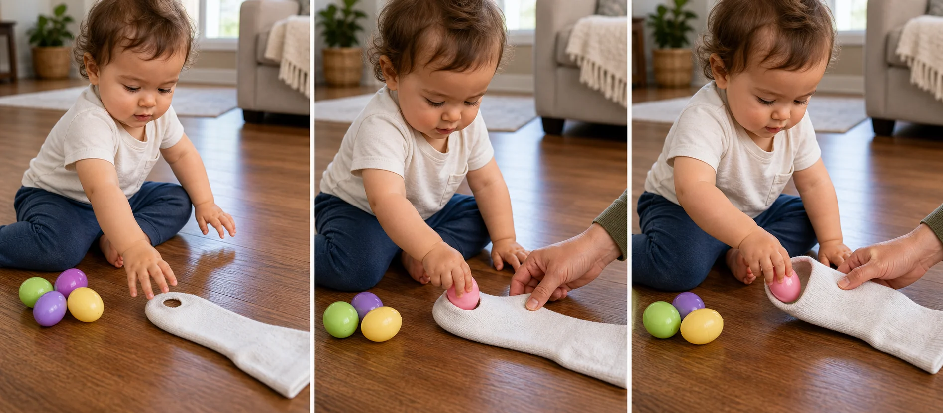 A three-step toddler activity showing a sock set on the floor, a child pushing a small object through the toe hole, and the child pulling it back out for another turn.