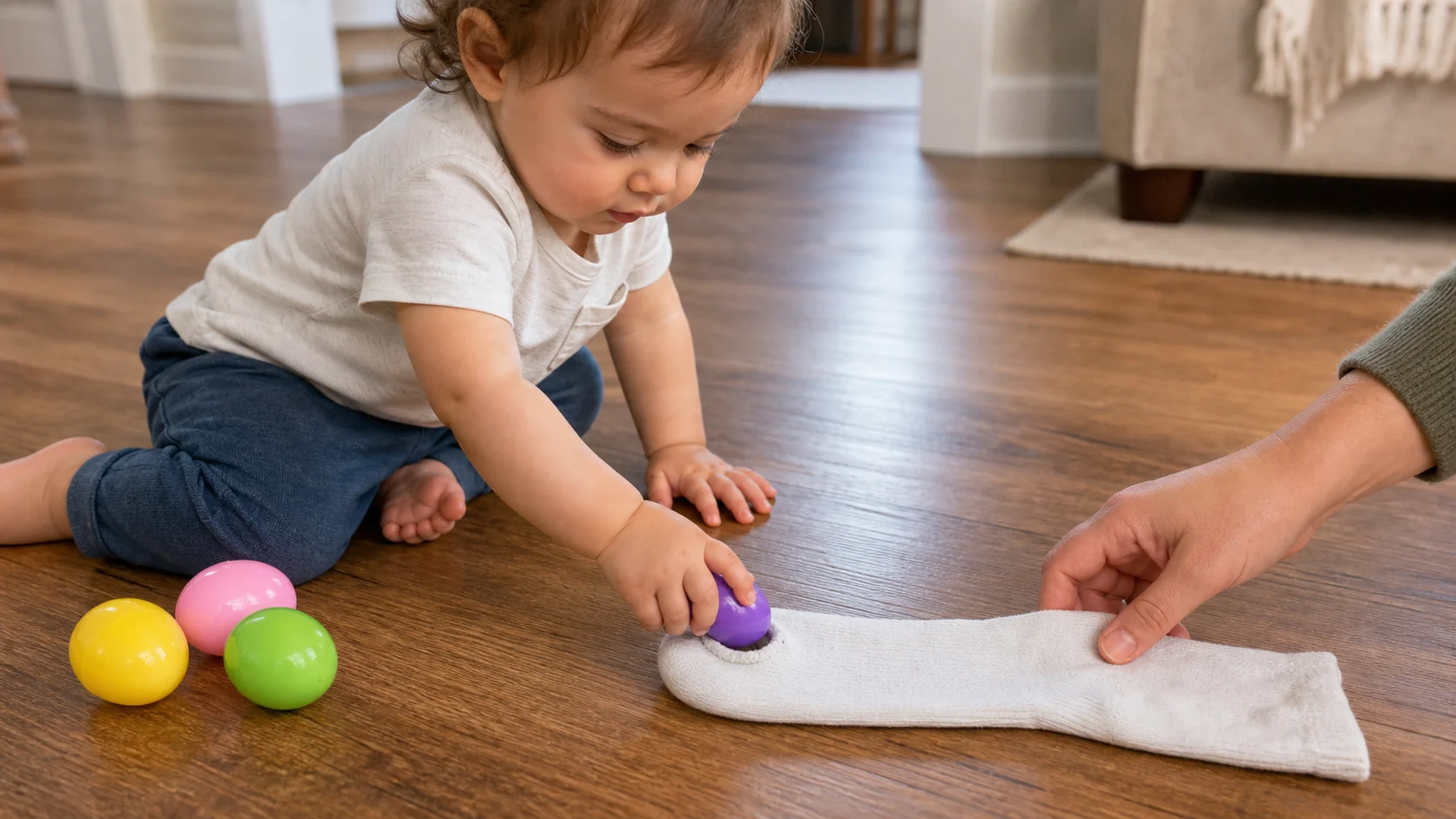 A toddler pushes a small plastic egg through the toe hole of a sock while a grown-up steadies the sock nearby.