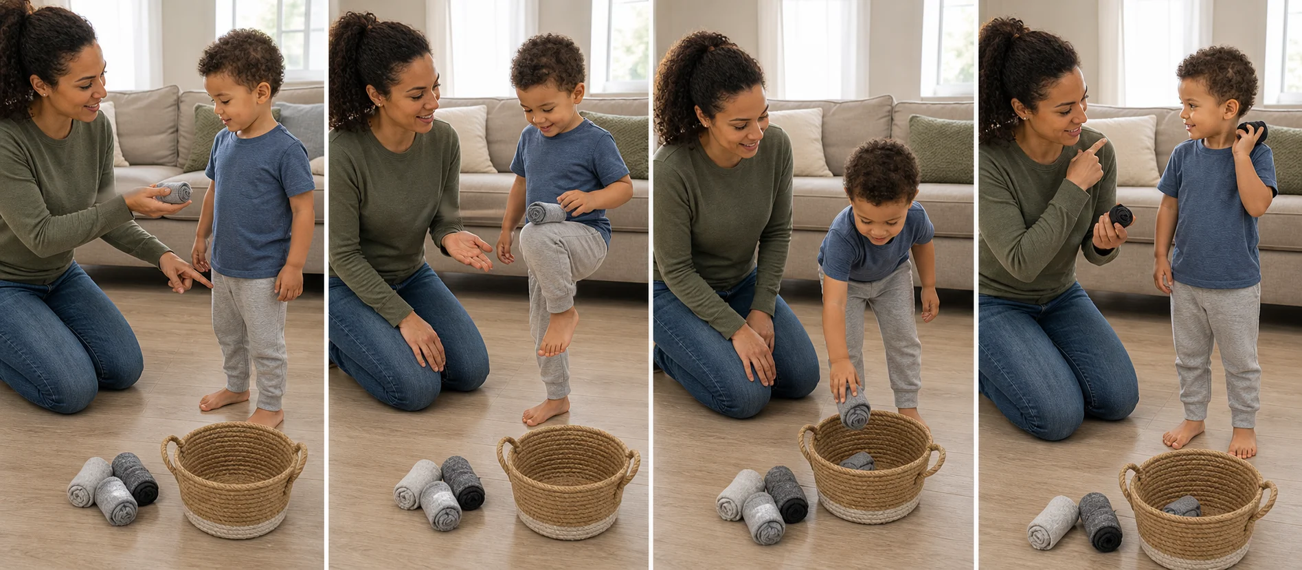 A multi-panel sequence showing a child picking up a sock, balancing it on a named body spot, holding still, and dropping it into a basket.