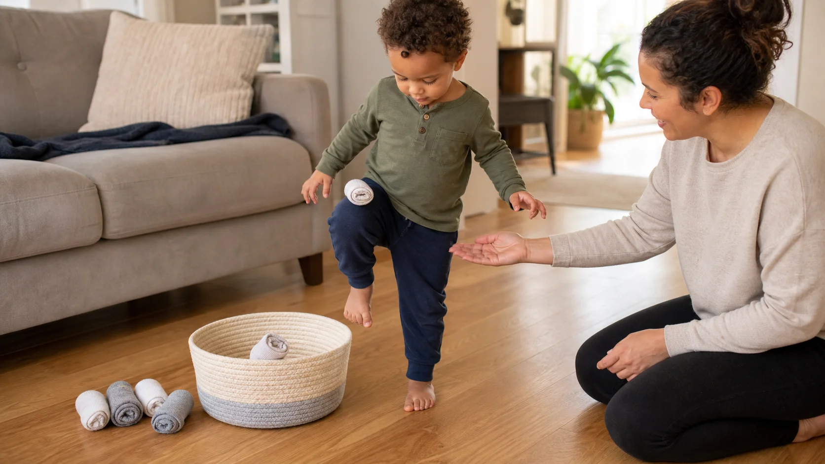 A toddler standing on the floor with a rolled sock balanced on one knee while a basket sits nearby and a grown-up points to the next body spot.