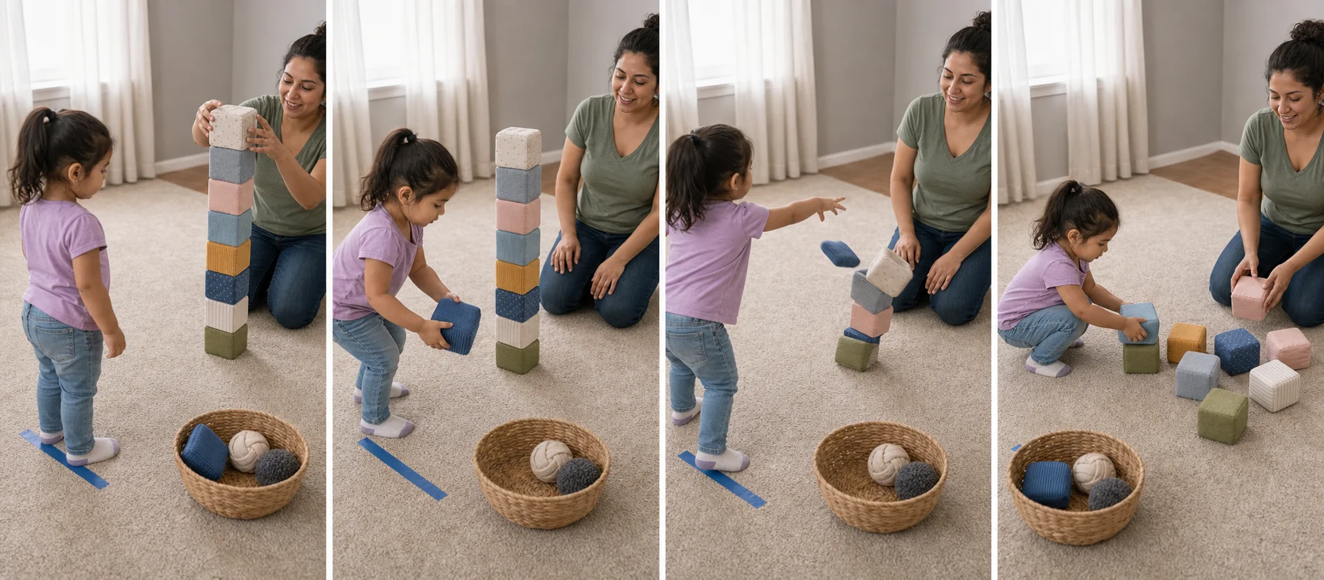 Three-panel sequence showing soft throwables beside a block tower, a child tossing toward the tower, and the tower being rebuilt.