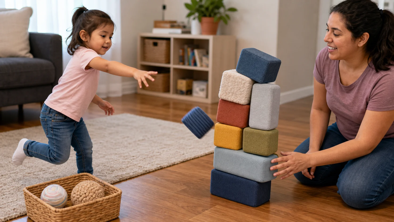 Child tossing a soft textured beanbag toward a short foam block tower while an adult sits nearby.