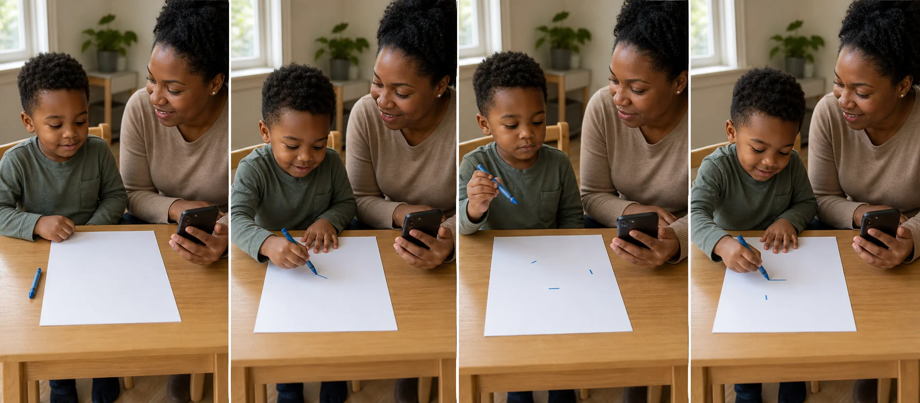 Four panels show music starting, the child drawing on one page, the grown-up pausing the music for a freeze, and the child starting again when the sound returns.