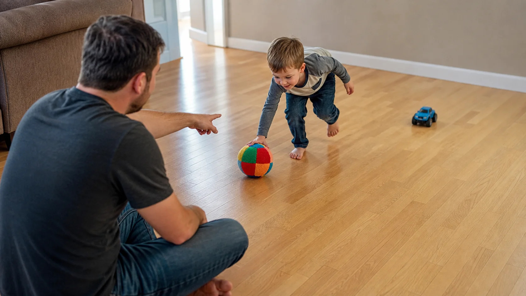 A child racing across a clear floor path toward the toy that matches a beginning sound.