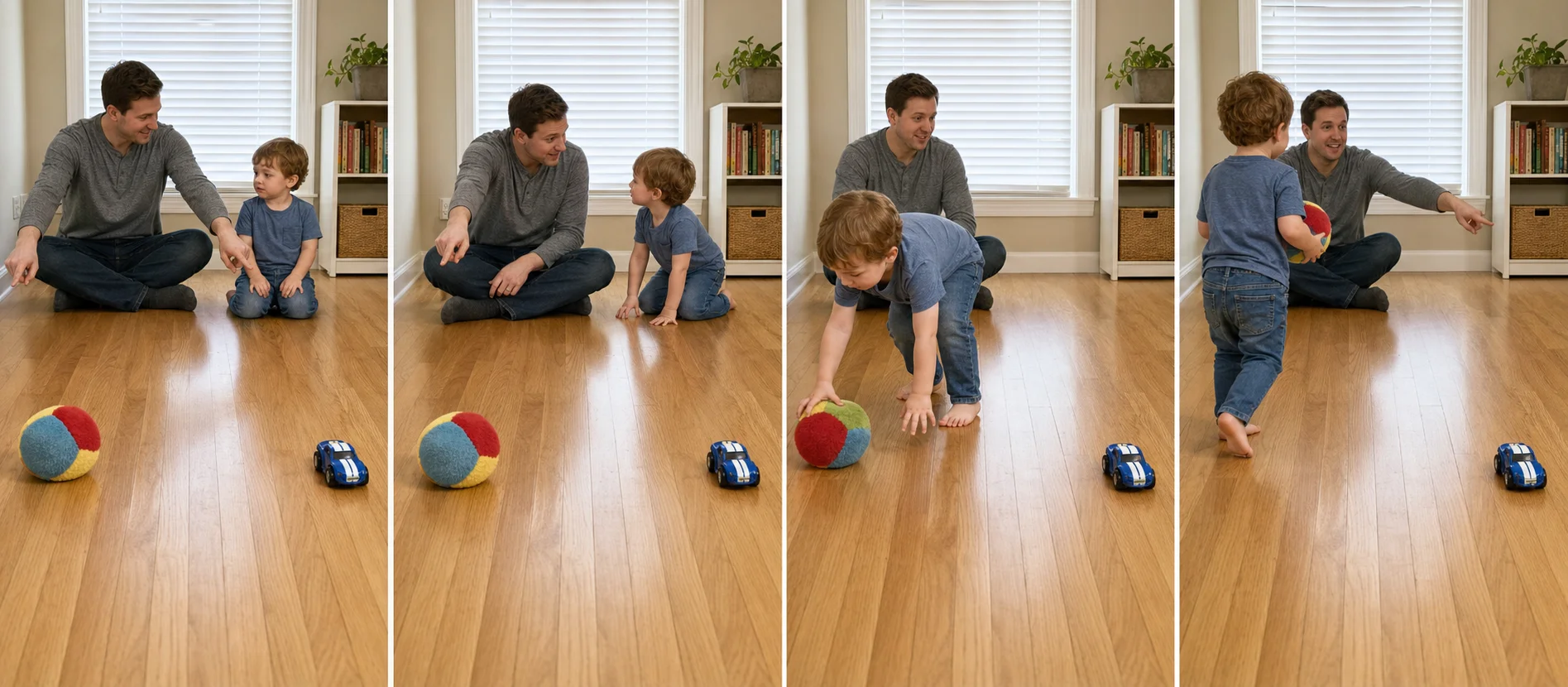 A grown-up names two toy sounds, a child races to the matching toy, brings it back, and resets for another round.