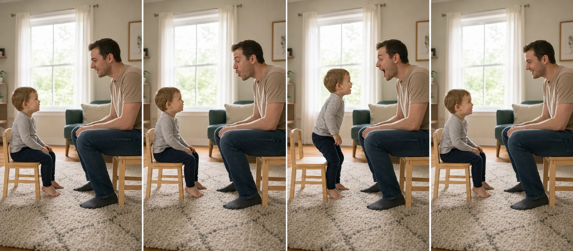 Four panels showing a grown-up and child sitting in a clear play spot, the grown-up modeling the target sound, the child standing on the right cue, and the child sitting back down ready for the next turn.