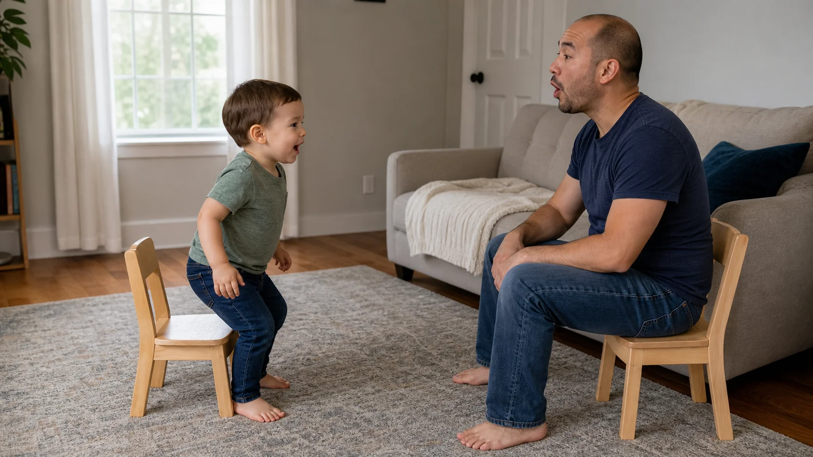 A young child sitting on the floor facing a grown-up, then standing up with a smile after hearing the target sound cue.