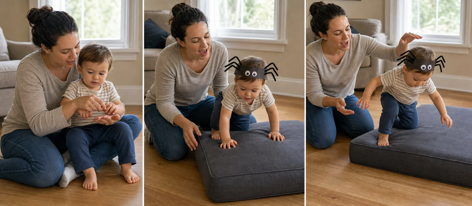 A three-panel sequence showing fingerplay on a grown-up's lap, the toddler climbing up a cushion, and the toddler climbing back down during the song.