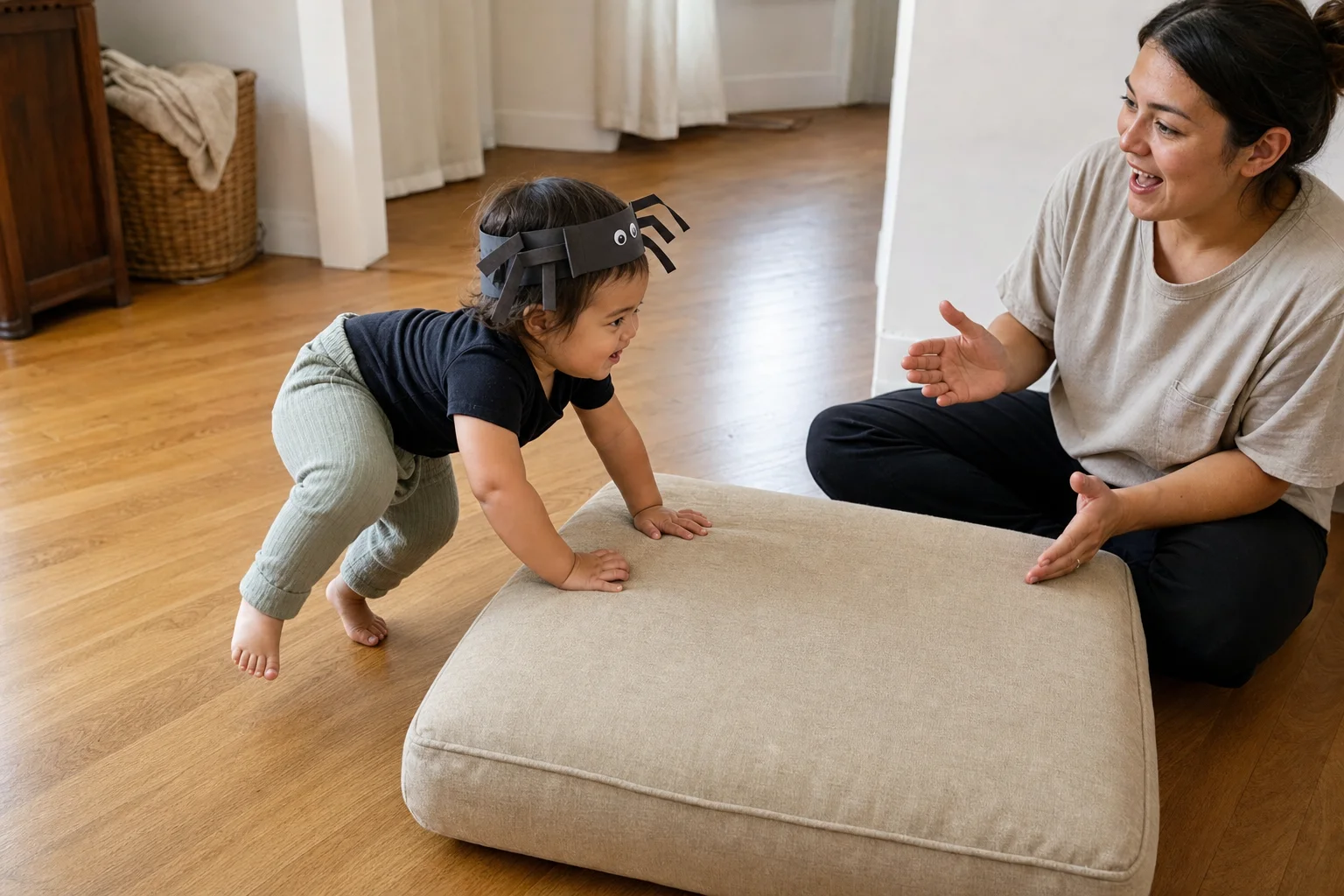 A toddler wearing a paper spider headband climbs up a sofa cushion while a grown-up sings nearby.