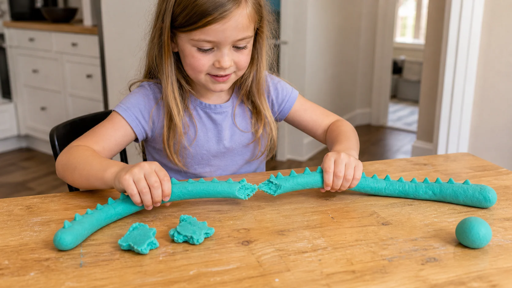 A child rolls a long play dough snake on a table and pinches spikes along the top while a grown-up stays nearby.
