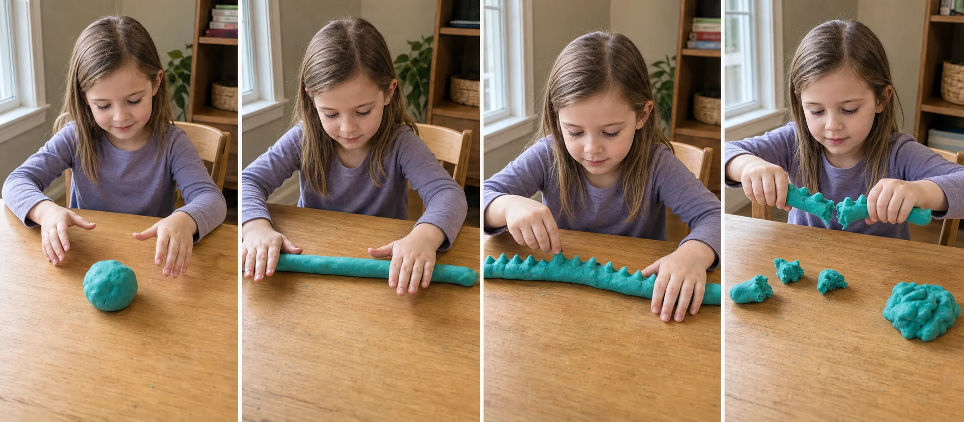 Four panels show a soft dough ball on the table, a grown-up starting a short roll, a child pinching spikes into the snake, and the dough pulled into pieces and pressed back together.