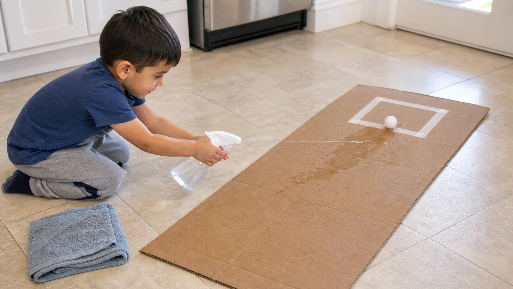 A child aims a trigger spray bottle at a ping-pong ball on cardboard and sprays it toward a taped square goal.