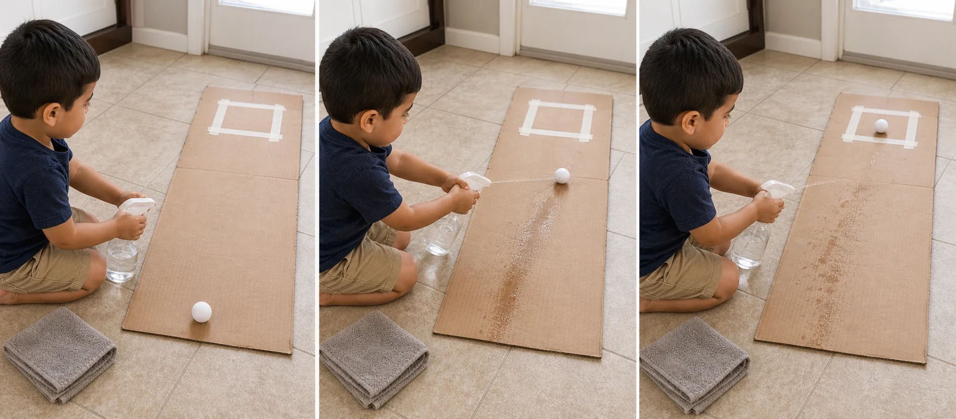 A step-by-step play sequence showing a taped square goal on cardboard, a ping-pong ball at the start edge, a child spraying the ball forward, and the ball reaching the goal.