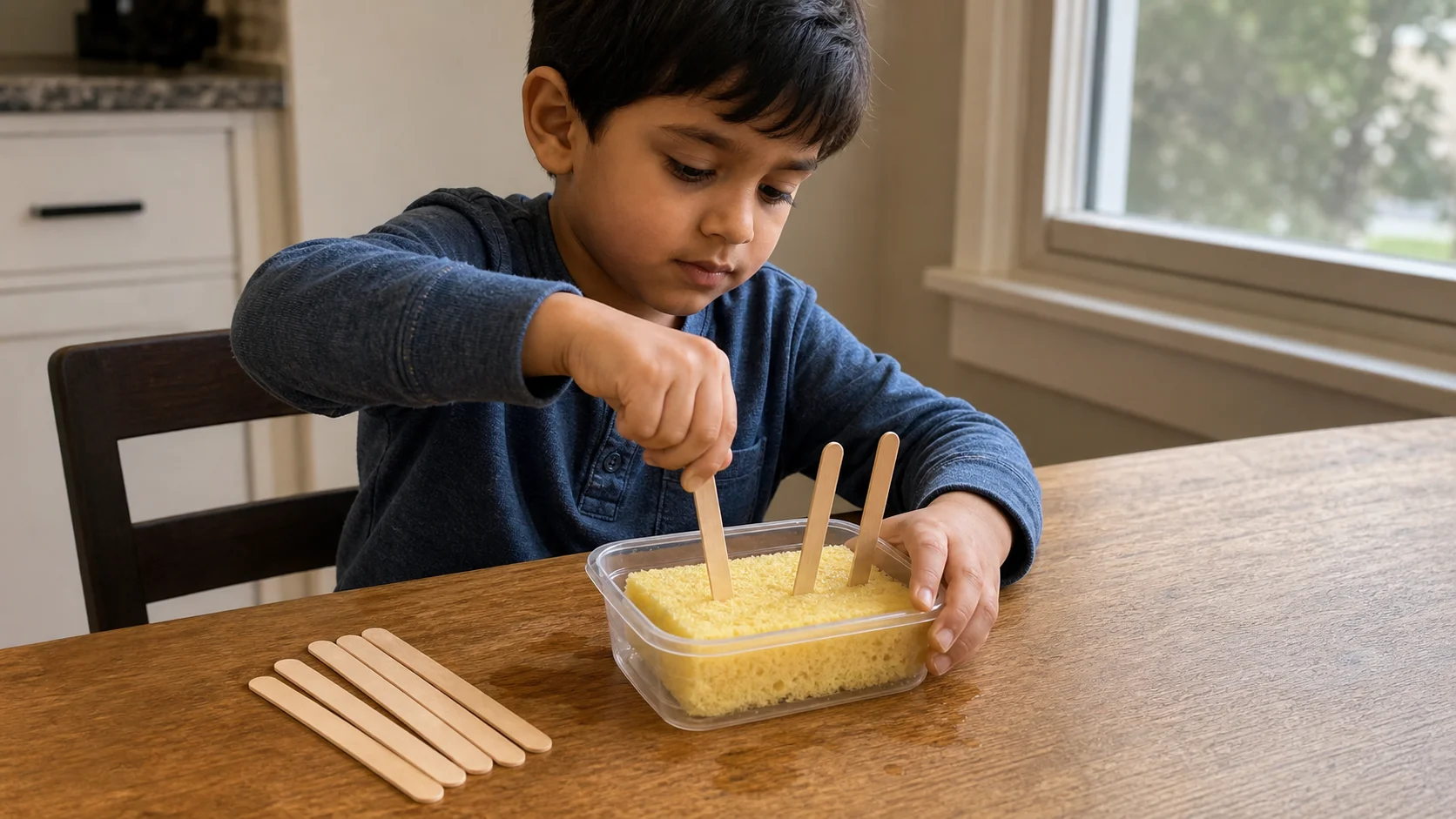 A preschool child twists a craft stick into a damp sponge in a small container while a grown-up sits nearby at the table.