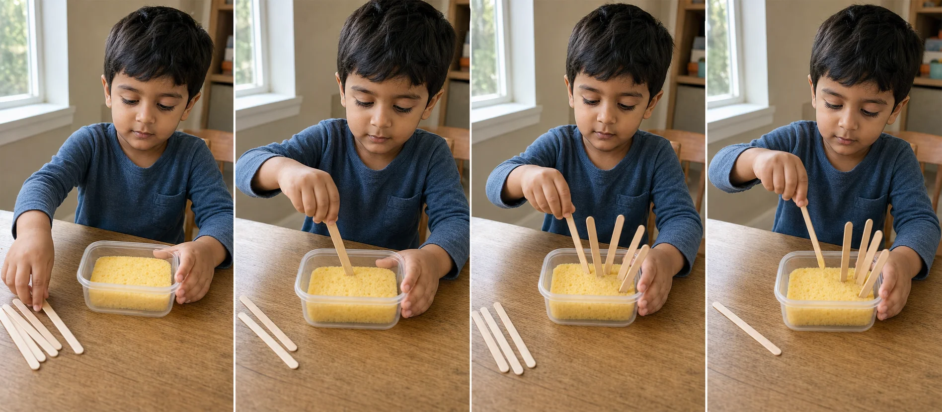 Four panels show a grown-up pressing a damp sponge into a container, a child twisting a craft stick into the sponge, the sponge filling with sticks, and the child pulling the sticks back out.