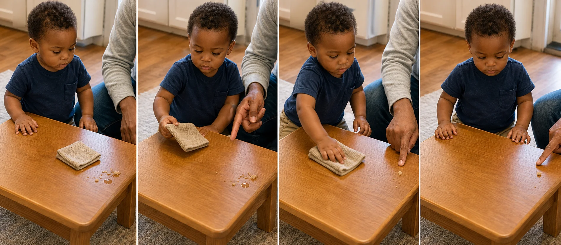 Four panels showing a grown-up leaving a few spots on a low table, handing over a damp sponge, a toddler wiping one spot, and the clear table section at the end.