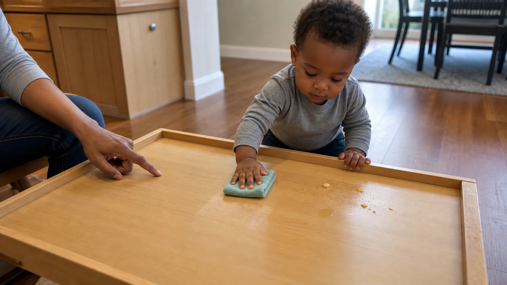 A toddler wiping a small crumb-covered section of a low table with a damp sponge while a grown-up sits nearby.