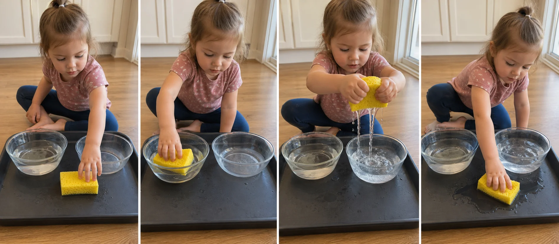 Four panels showing a grown-up setting out two bowls, a toddler soaking a sponge, squeezing water into the empty bowl, and mopping tray drips with the sponge.