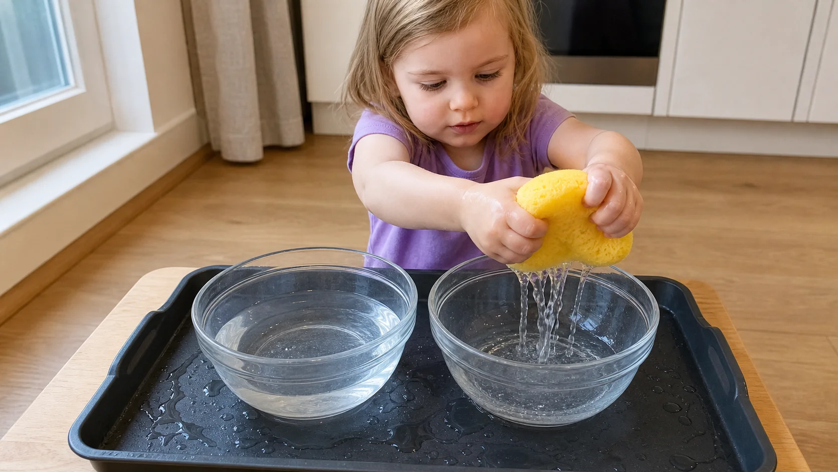 A toddler squeezes a wet sponge over an empty bowl on a tray while a grown-up sits nearby.