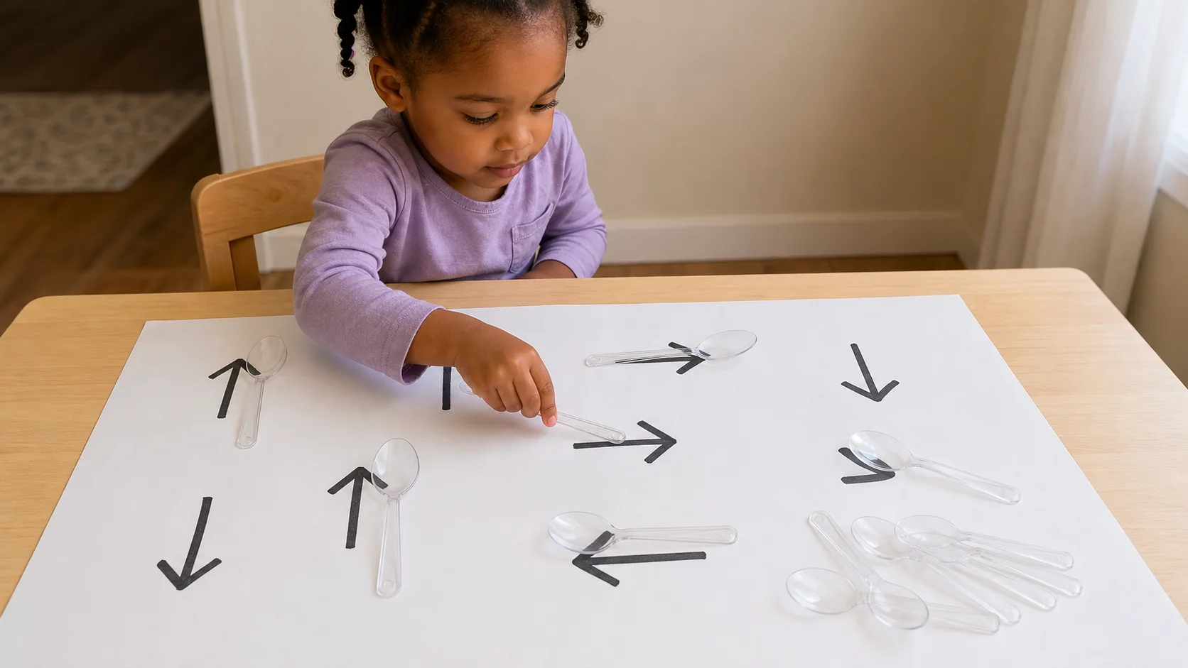 A child places plastic spoons on large drawn arrows and turns one handle to match the arrow tip while a grown-up sits nearby.