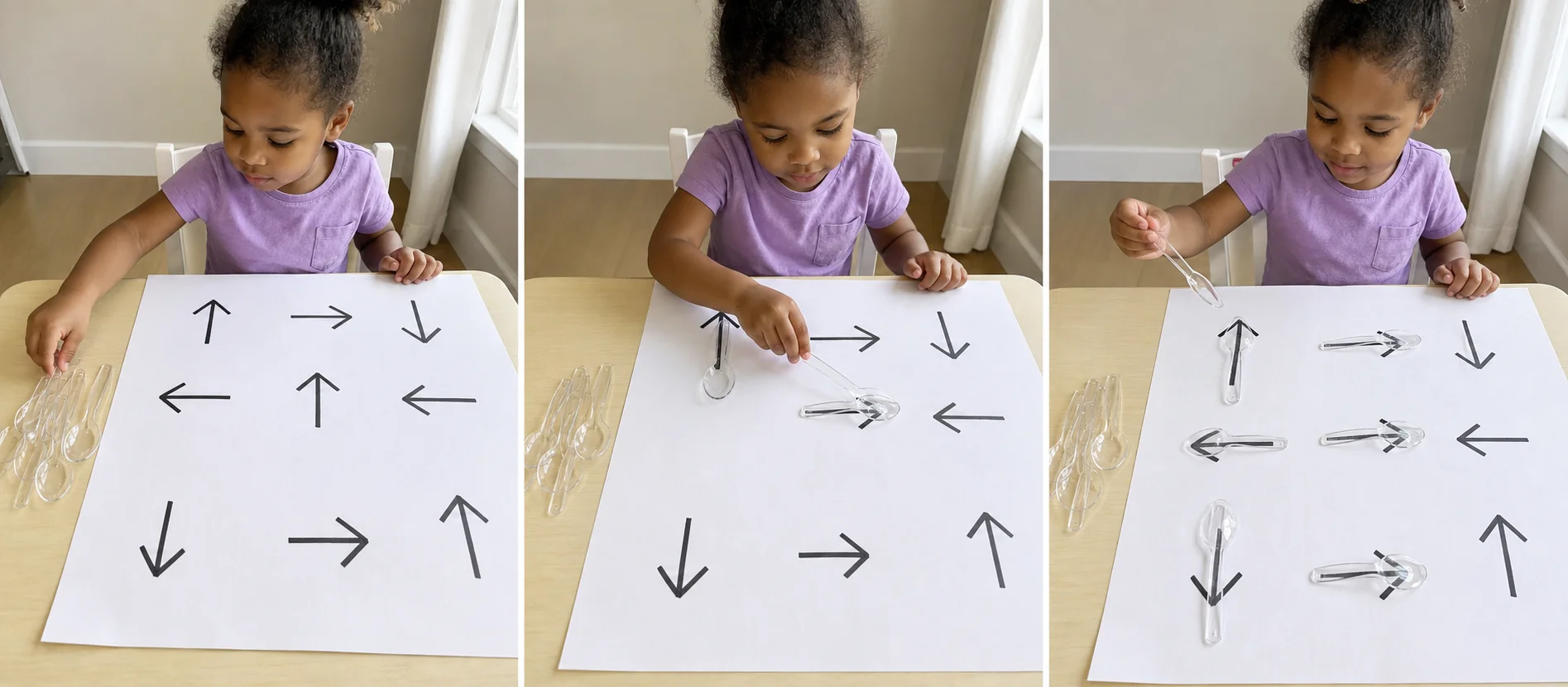 A step-by-step play sequence showing arrows drawn on paper, spoons set beside the page, one spoon turned to match an arrow, and the paper filling up one match at a time.