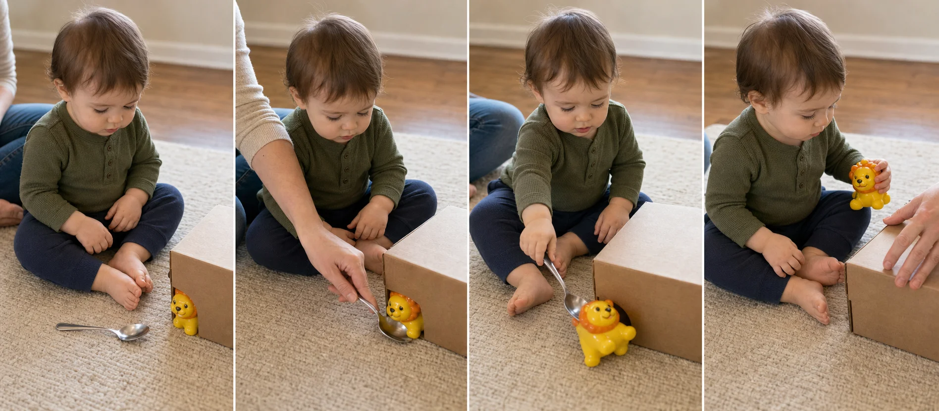 Four panels showing a toy placed just behind a box edge, a grown-up modeling one spoon rescue, a toddler pulling the toy closer with the spoon, and the toy being reset for another turn.