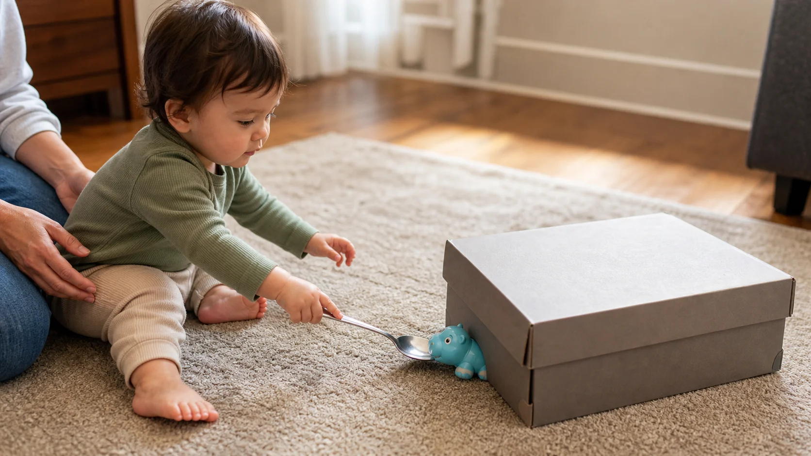 A toddler sitting on the floor beside a sturdy box and using a spoon to pull a small toy back into reach while a grown-up stays nearby.