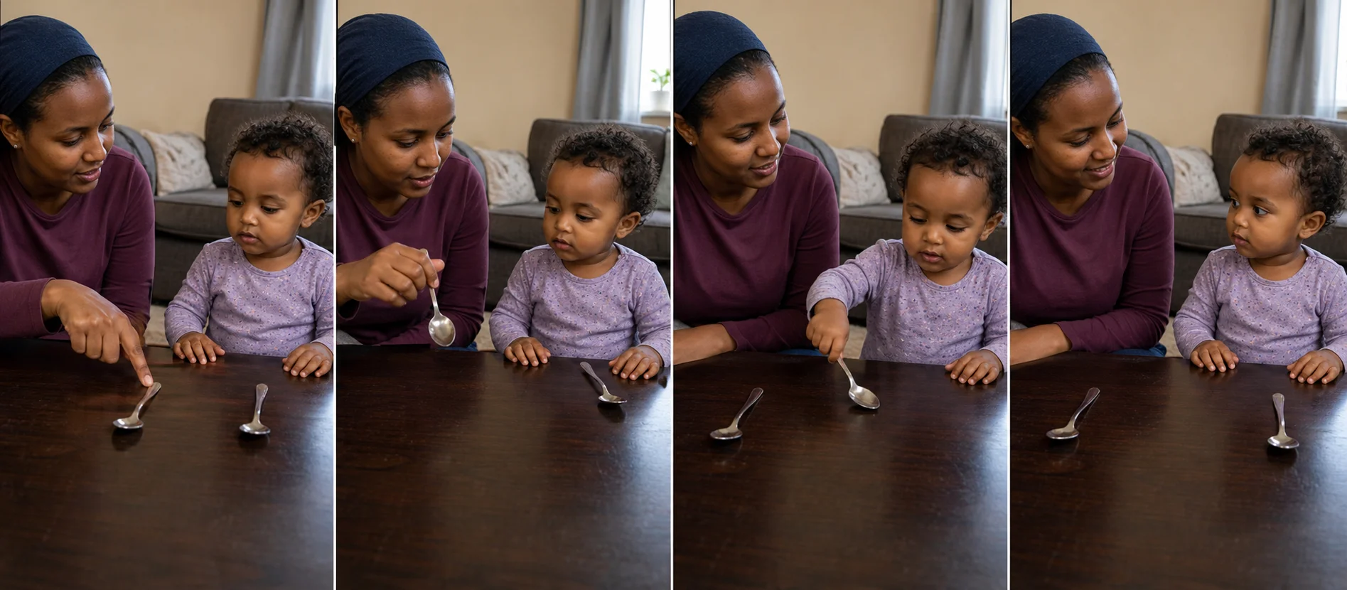 Multi-panel sequence showing a grown-up tapping one spoon, a toddler copying with a second spoon, both spoons resetting on the table, and another short echo round.
