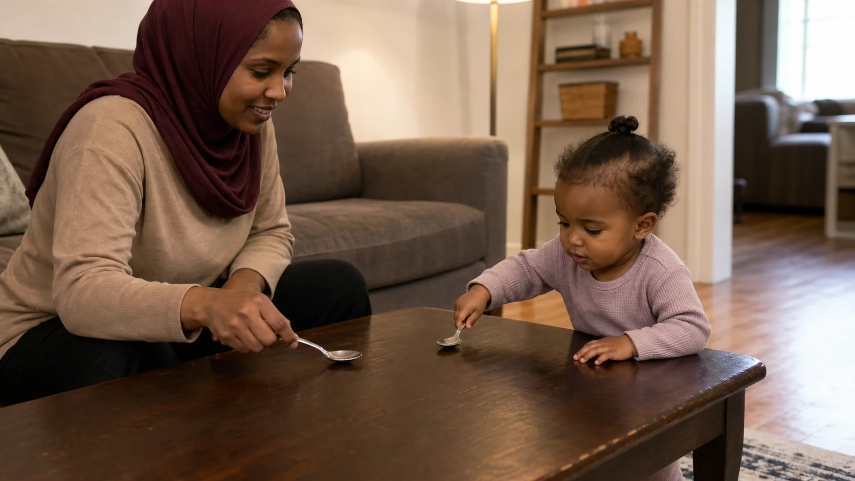 Toddler tapping a spoon on a table while a grown-up models the same one-tap turn beside them.