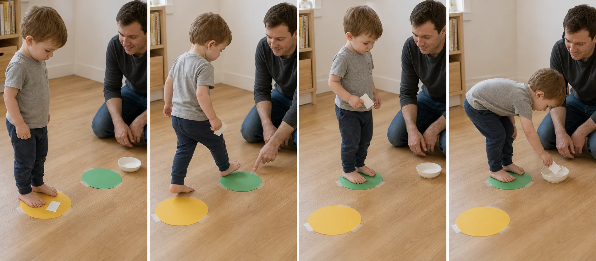 A multi-panel sequence showing a child standing on the first spot, stepping to the next marker, waiting, dropping a ticket in a cup, and returning to start.
