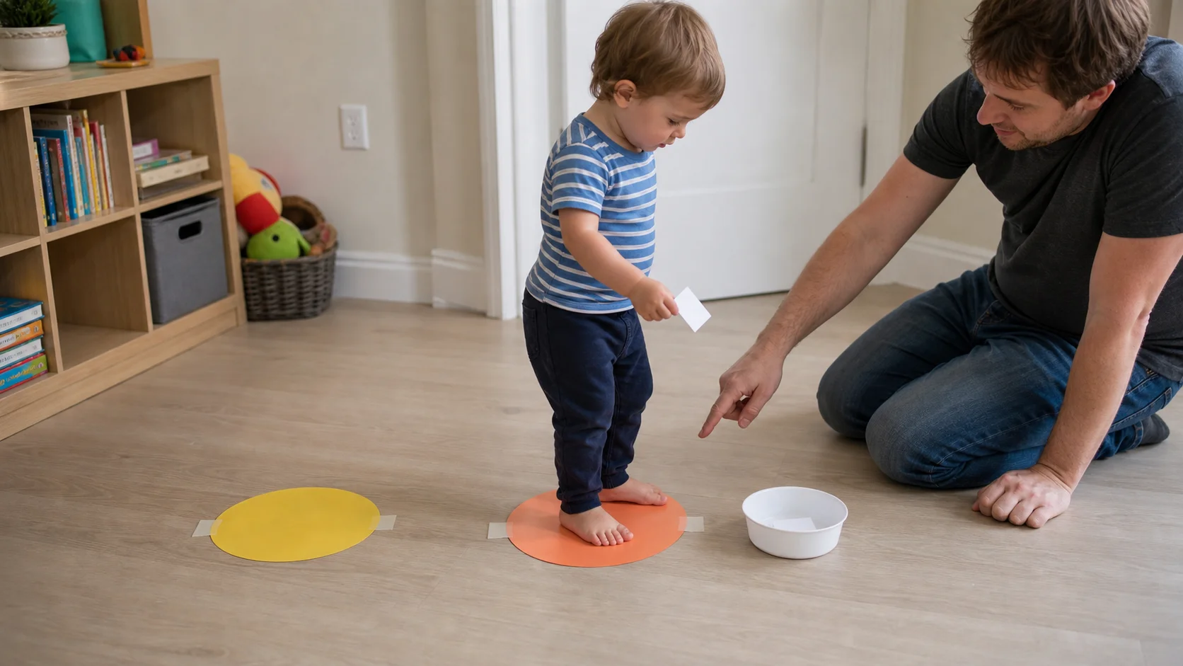 A toddler standing on one floor marker while looking at the next spot in a short indoor line, with a small finish cup nearby.